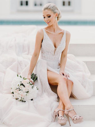 Luxury A-Line Lace Backless V-Neck TulleSleeveless Slit Wedding Dresses, FC1710