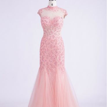 Long Prom Dresses, High Neck Prom Dresses, Tulle Party Prom Dresses, Cap Sleeve Evening Dresses, Sexy Prom Dresses,  Beading Prom Dresses Online, LB0339