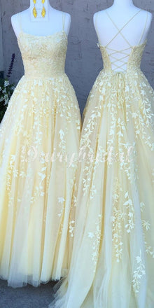 Charming  Spaghetti Straps Lace A-line Sleeveless Yellow Prom Dresses, FC3981