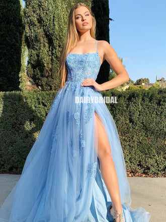 Spaghetti Straps A-line Tulle Slit Cross Back Prom Dress, FC4610