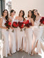 Spaghetti Straps Mermaid Slit Long Silk Elastic Satin Bridesmaid Dress, FC5029