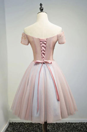 Short Homecoming Dress, Tulle Homecoming Dress, Knee-Length Homecoming Dress, Off Shoulder Junior School Dress, Applique Graduation Dress, Lace up Homecoming Dress, LB0568