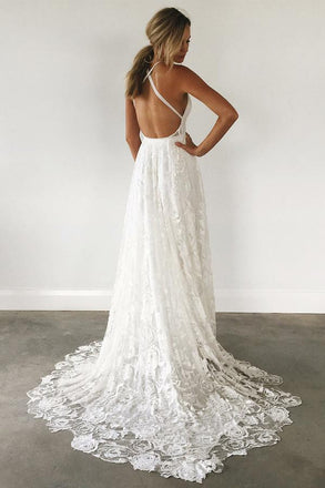 Lace V-Neck Backless Criss-Cross Beach Wedding Dress, LB0571