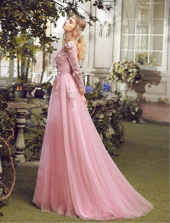 Long Prom Dress, V-Neck Prom Dress, Tulle Prom Dress, A-Line Prom Dress, Long Sleeve Prom Dress, Applique Prom Dress, Party Dresses, Evening Dresses, LB0693