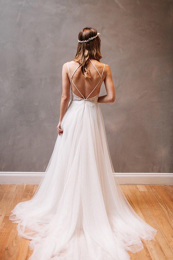 Simple Long A-Line Backless Wedding Dresses, Tulle Wedding Party Dresses, WD0013